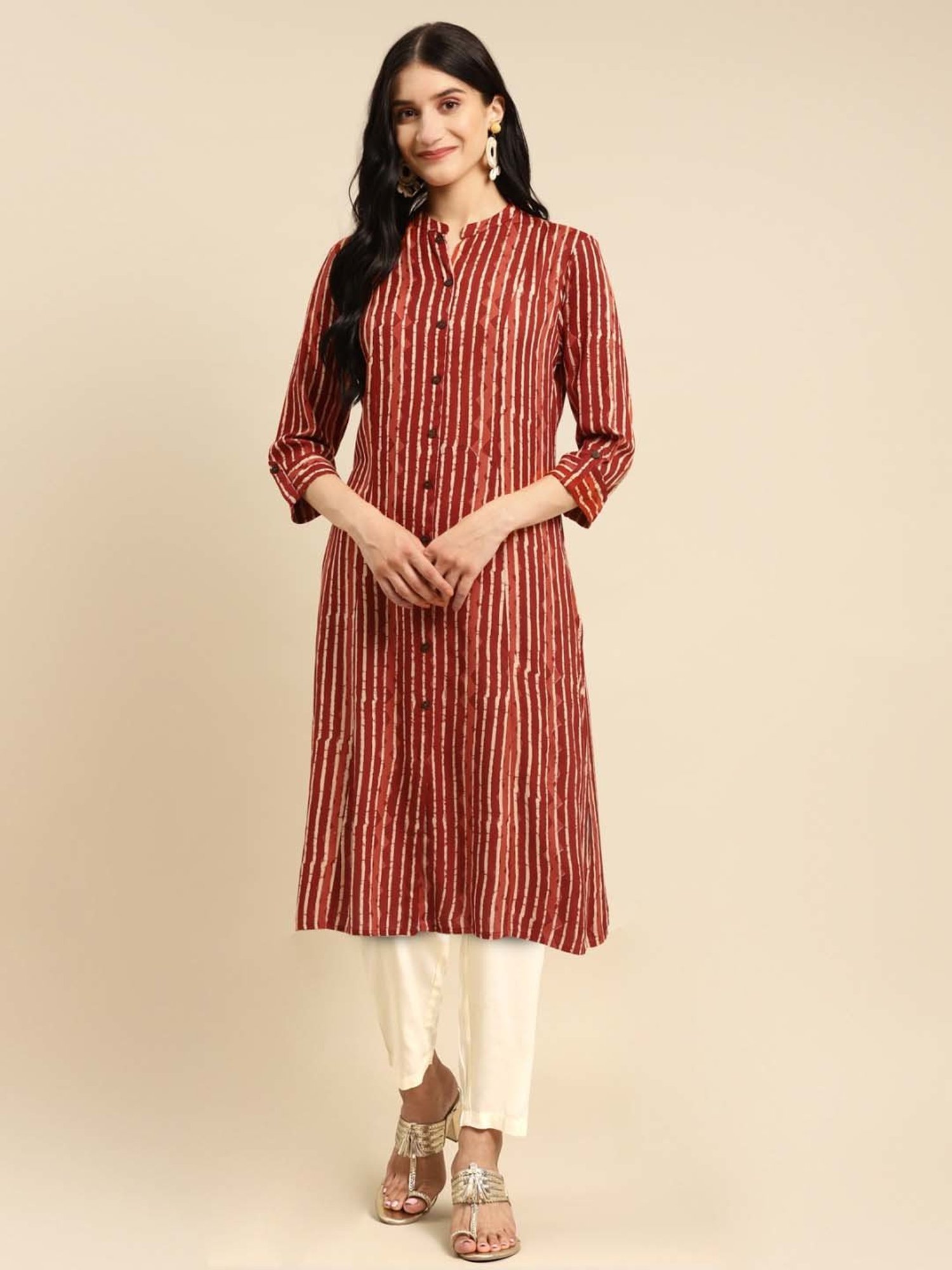 Rangita Maroon & Off-White Striped Kurta Pant Set