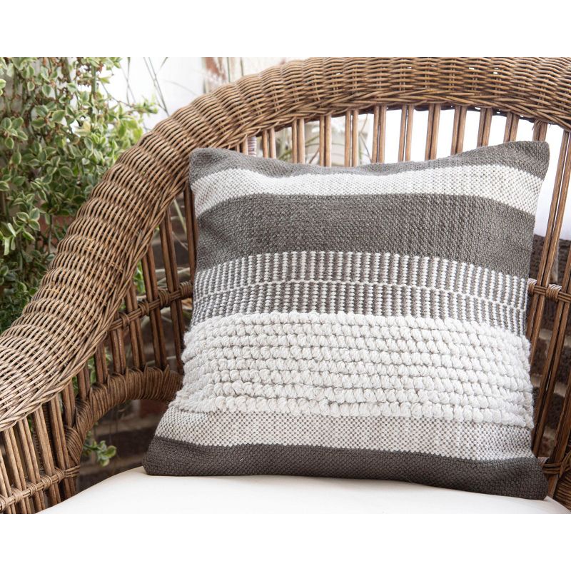 Gray Striped Hand Woven 18x18" Outdoor Decorative Throw Pillow with Pulled Yarn Accents  - Foreside Home & Garden