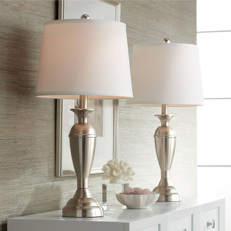 Regency Hill Modern Table Lamps Set of 2 Brushed Steel Metal White Drum Shade for Living Room Family Bedroom Bedside Nightstand