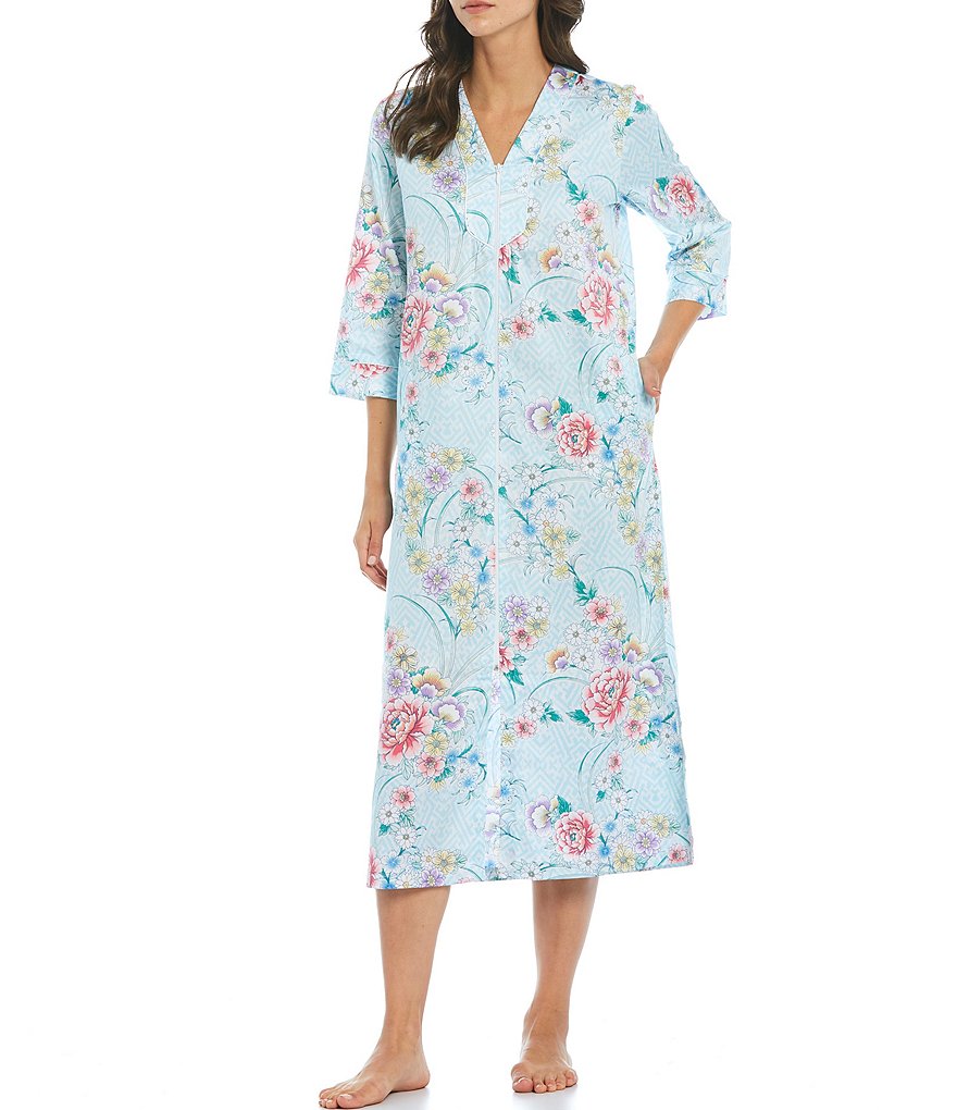 Miss Elaine Floral Print Side Slit Sateen Zip-Front Long Robe