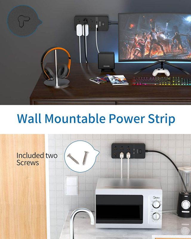 Surge Protector Power Strip with USB - NTONPOWER Flat Plug Extension Cord 5FT, 6 Outlets 2 USB Desktop Charging Station, ETL Listed, 15A Circuit Breaker, Wall Mount for for Home and Office - Black