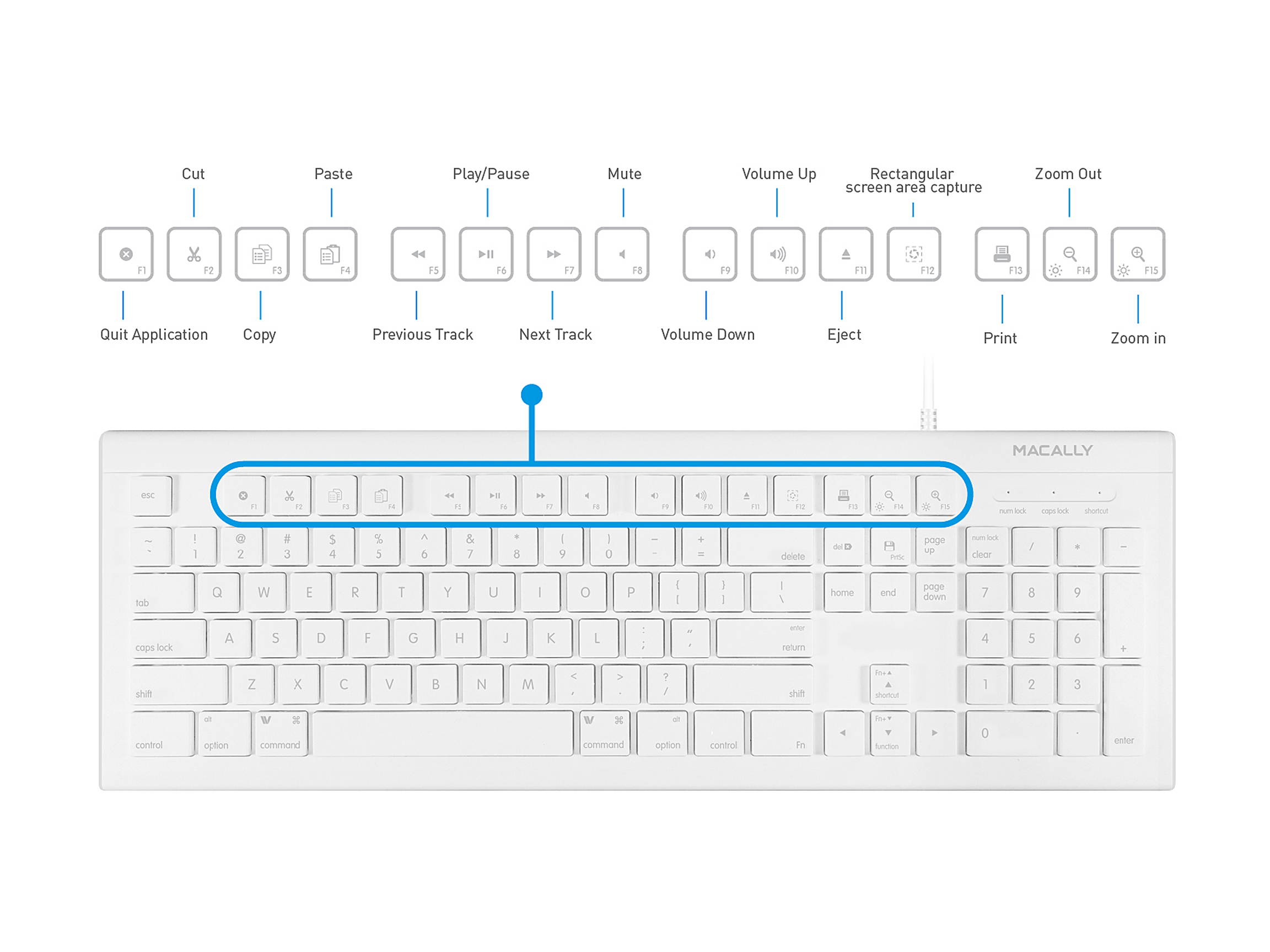 macally 103 Key Full-Size USB Keyboard with Short-Cut Keys White Keyboard