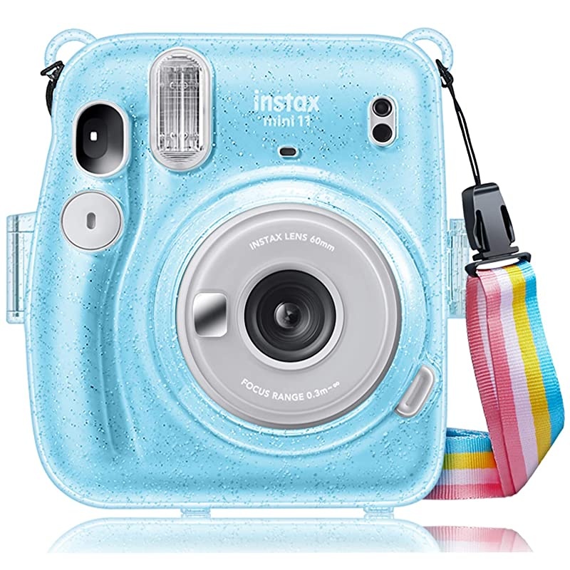 Protective Clear Case for Fujifilm Instax Mini 11 Instant Film Camera Crystal Hard PVC Cover with Removable Rainbow Shoulder Strap Glittering Blue