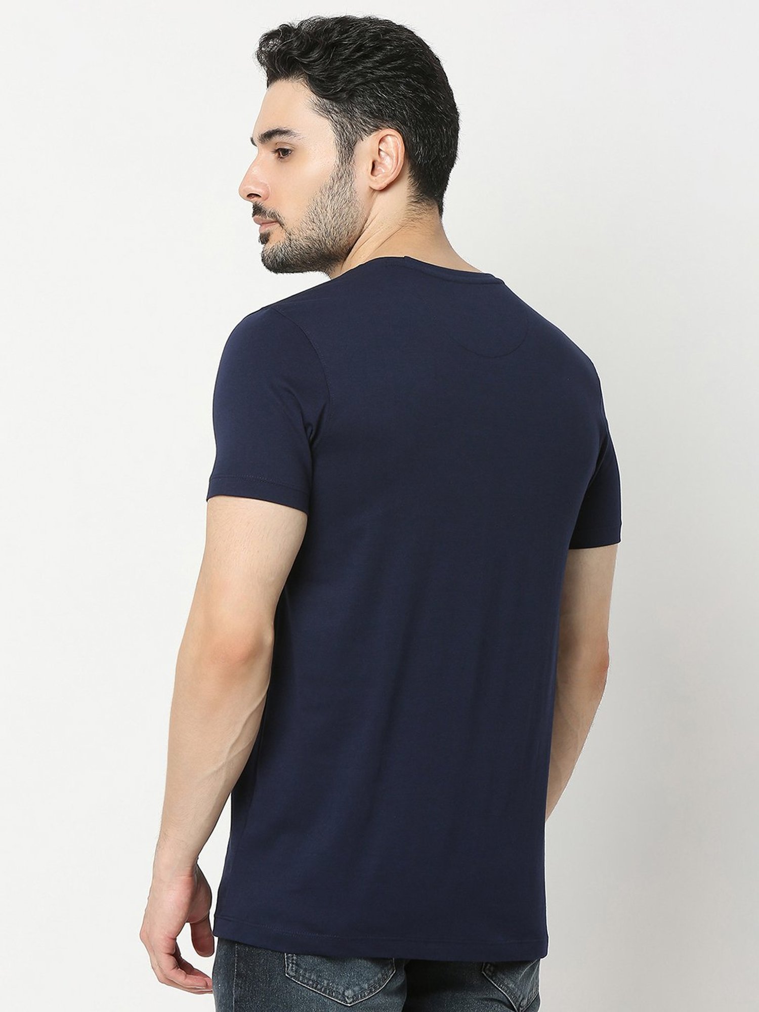 UnderJeans by Spykar Navy Regular Fit Self Design Cotton Crew T-Shirt
