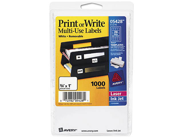 Avery 05428 Print or Write Removable Multi-Use Labels, 3/4 x 1, White, 1000/Pack
