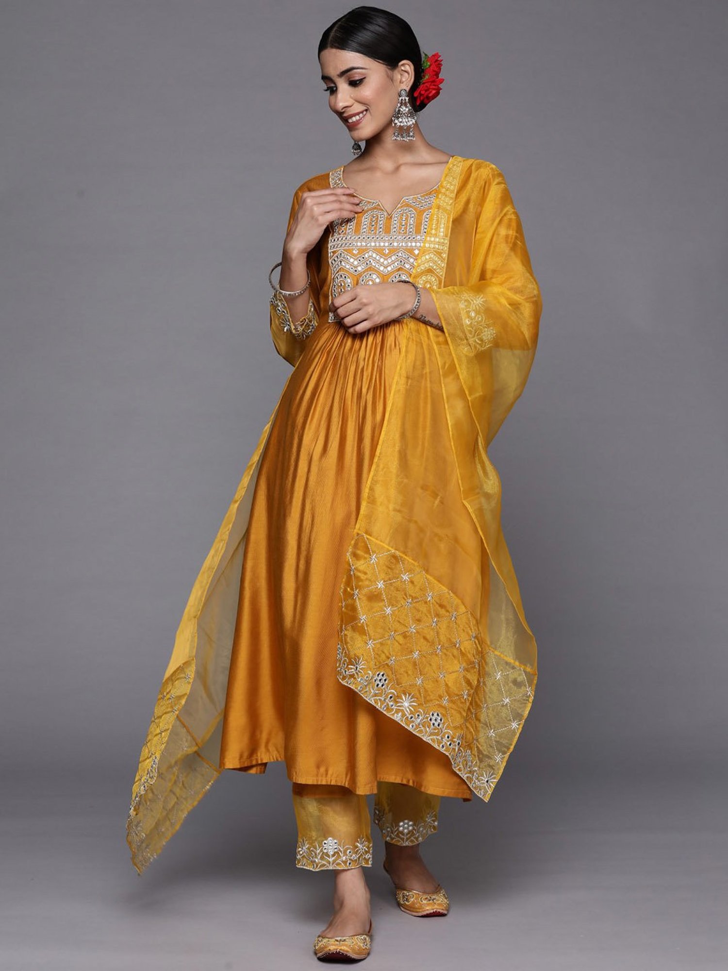 Indo Era Mustard Embroidered Kurta Pant Set With Dupatta