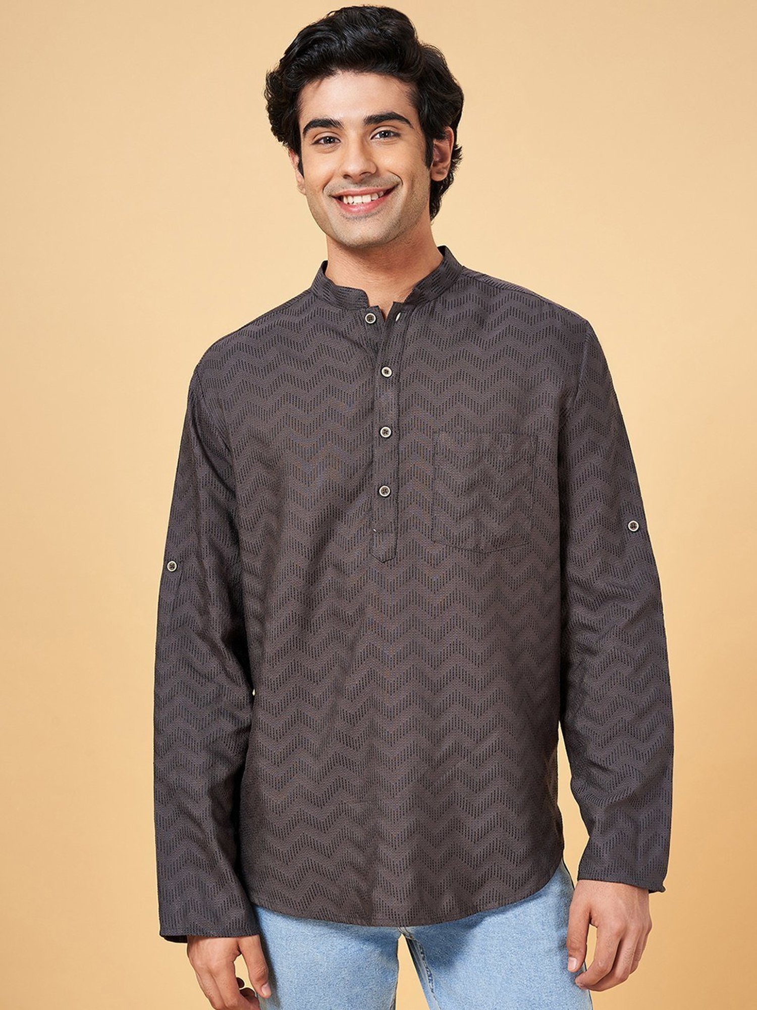 Indus Route by Pantaloons Grey Cotton Regular Fit Printed Short Kurta