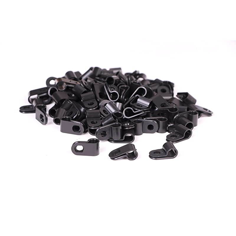 Black Nylon Screw Mounting R Type Cable Clamp Fastener Plastic Wires Cord Clip Fixer Holder Organizer for 14 Inch 635mm Diameter Wire Rope Tube Management 100PiecesBox