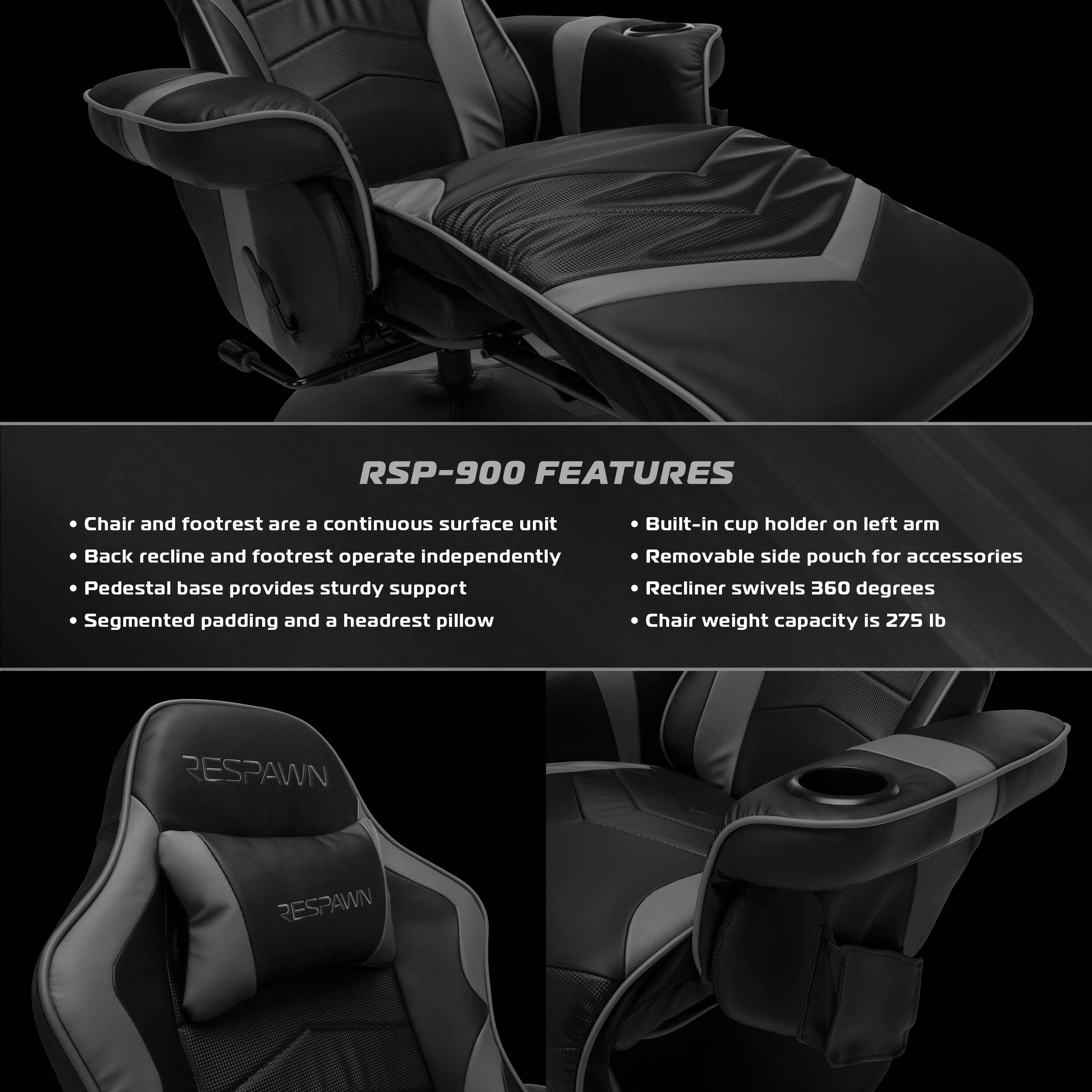 RESPAWN-900 Racing Style Gaming Recliner, Reclining Gaming Chair, in Gray (RSP-900-GRY)