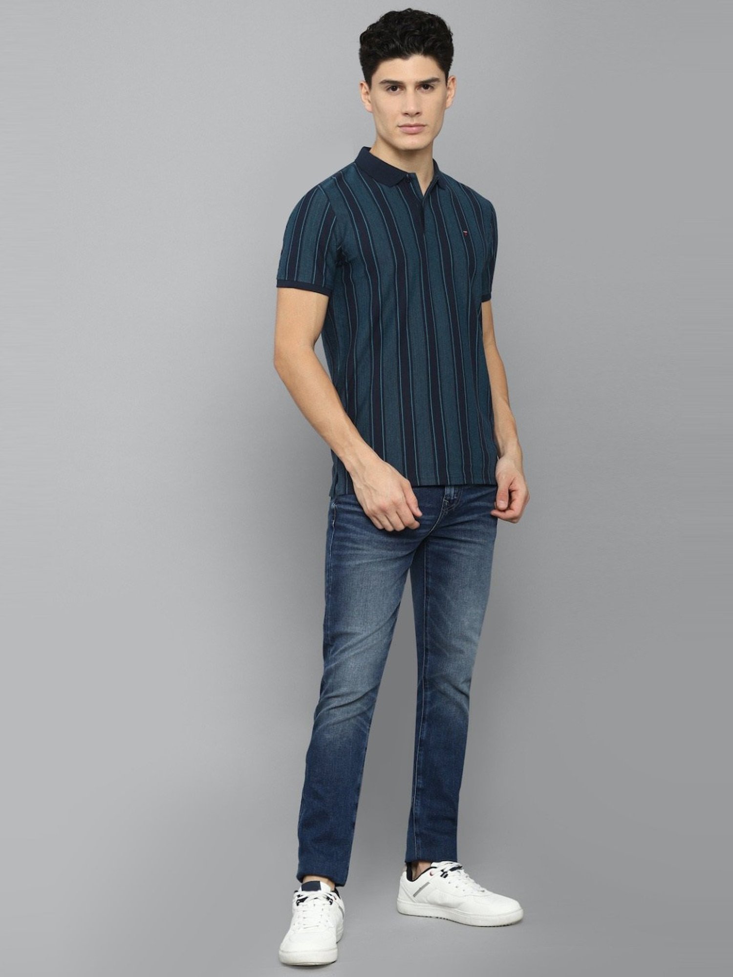Louis Philippe Sport Dark Blue Cotton Slim Fit Striped Polo T-Shirt