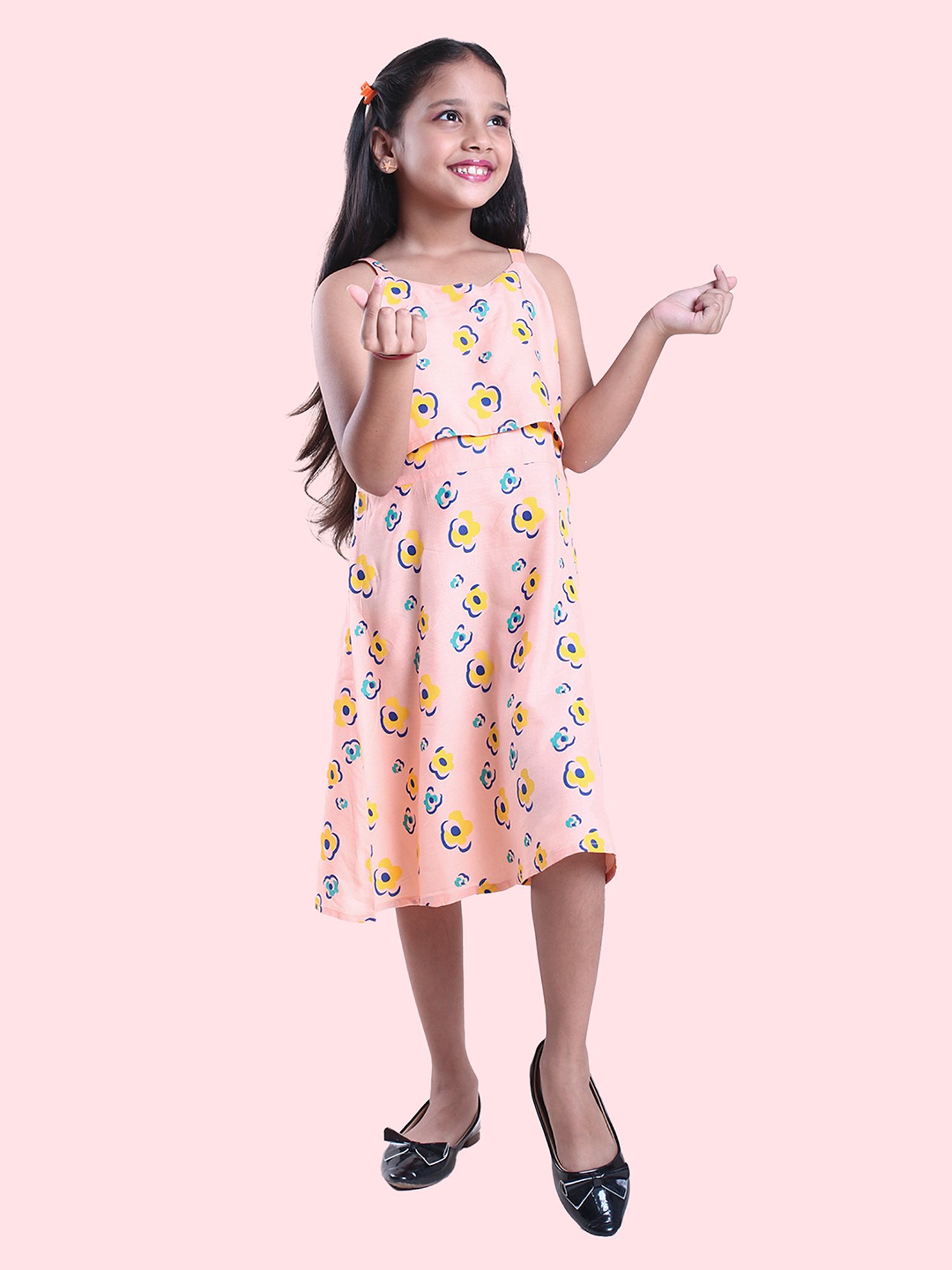 Kiddopanti Girls Peach Floral Print Dress