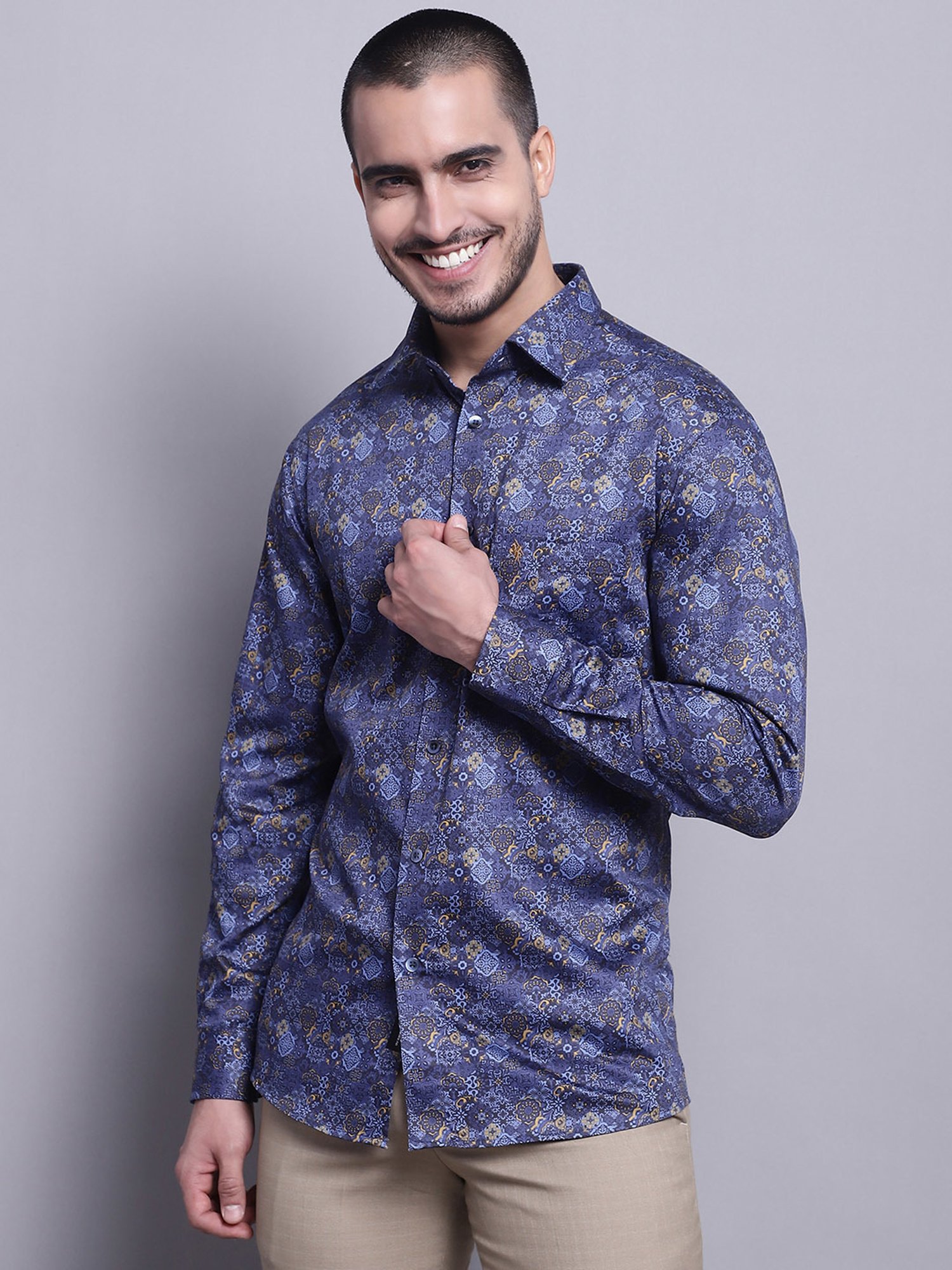 Cantabil Navy Regular Fit Printed Shirt