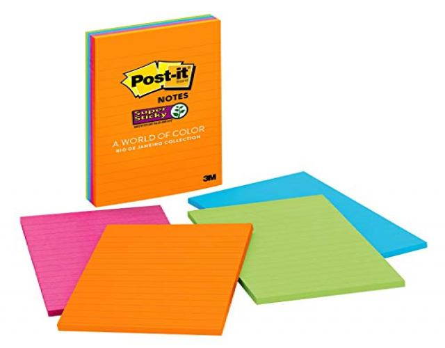 Post-it Super Sticky Notes, 4 in x 6 in, Rio de Janeiro Collection, Lined, 4 Pads/Pack, 45 Sheets/Pad (4621-SSAU)