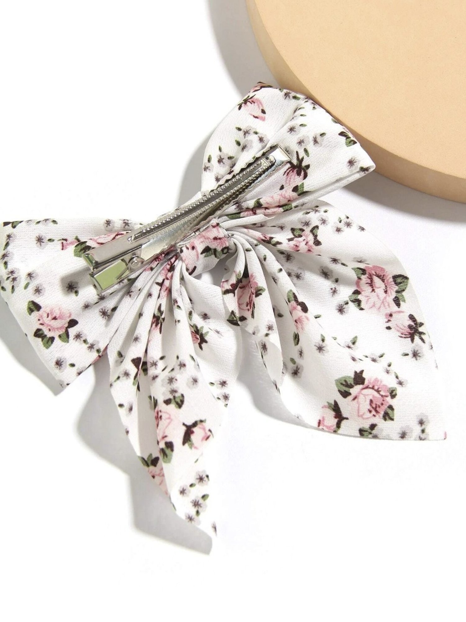 OOMPH White & Pink English Rose Design Large Bow Hair Barrette Clip Stylish Latest