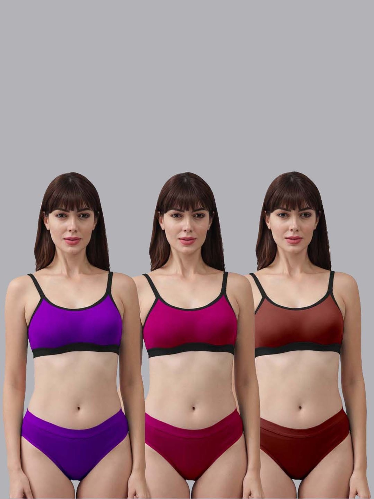 AROUSY Purple & Pink Cotton Bra Panty Set - Pack Of 3