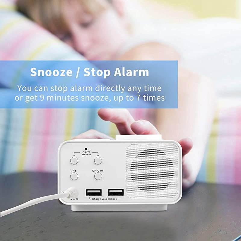 Dual Alarm Clocks Radio with Dimmer Dual USB Charging Ports 6 Wake up Sounds Adjustable Alarm Volume Snooze Thermometer Display FM Radio with Sleep Timer Small Size for BedroomsWhite
