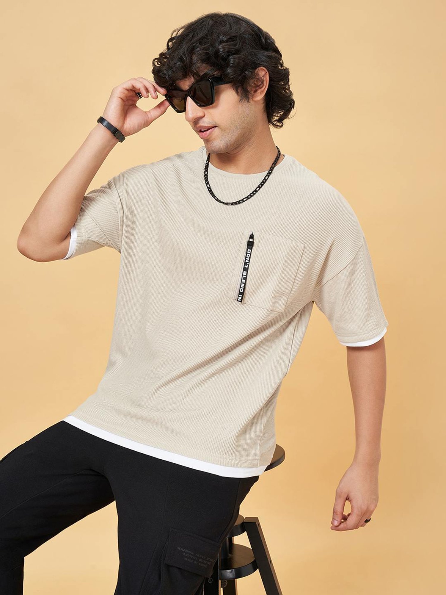Street 808 By Pantaloons Warm Sand Regular Fit Texture T-Shirt