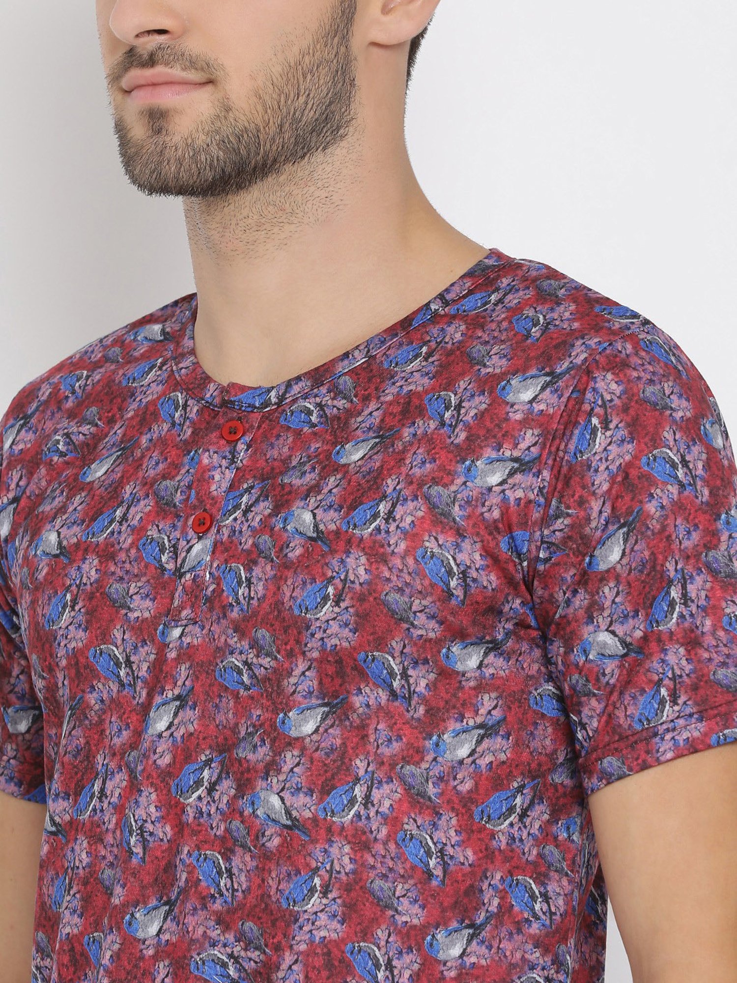 Hangup Plus Red & Blue Regular Fit Printed Henley T-Shirt