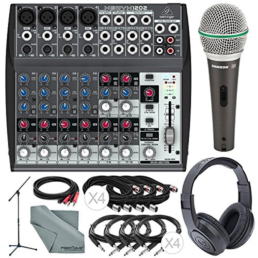 Behringer XENYX 1202 12 Channel Audio Mixer and Platinum Bundle w/ Samson Dynamic Mic + Closed-Back Headphones + Full-Size Mic Stand + More