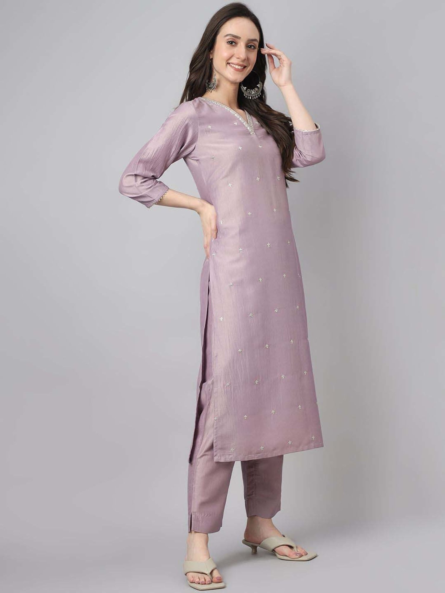 Janasya Lavender Embellished Kurta & Pant Set With Dupatta