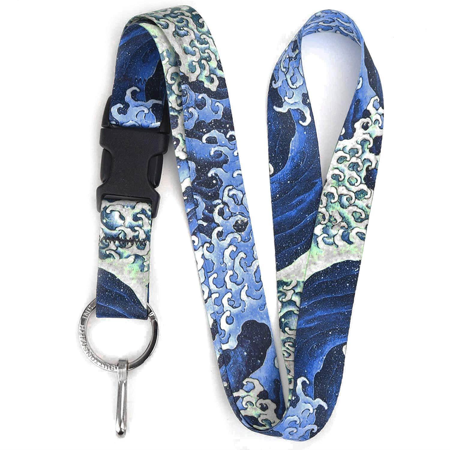 Buttonsmith Hokusai Waves Premium Lanyard with Buckle and Flat Ring - Made in The USA