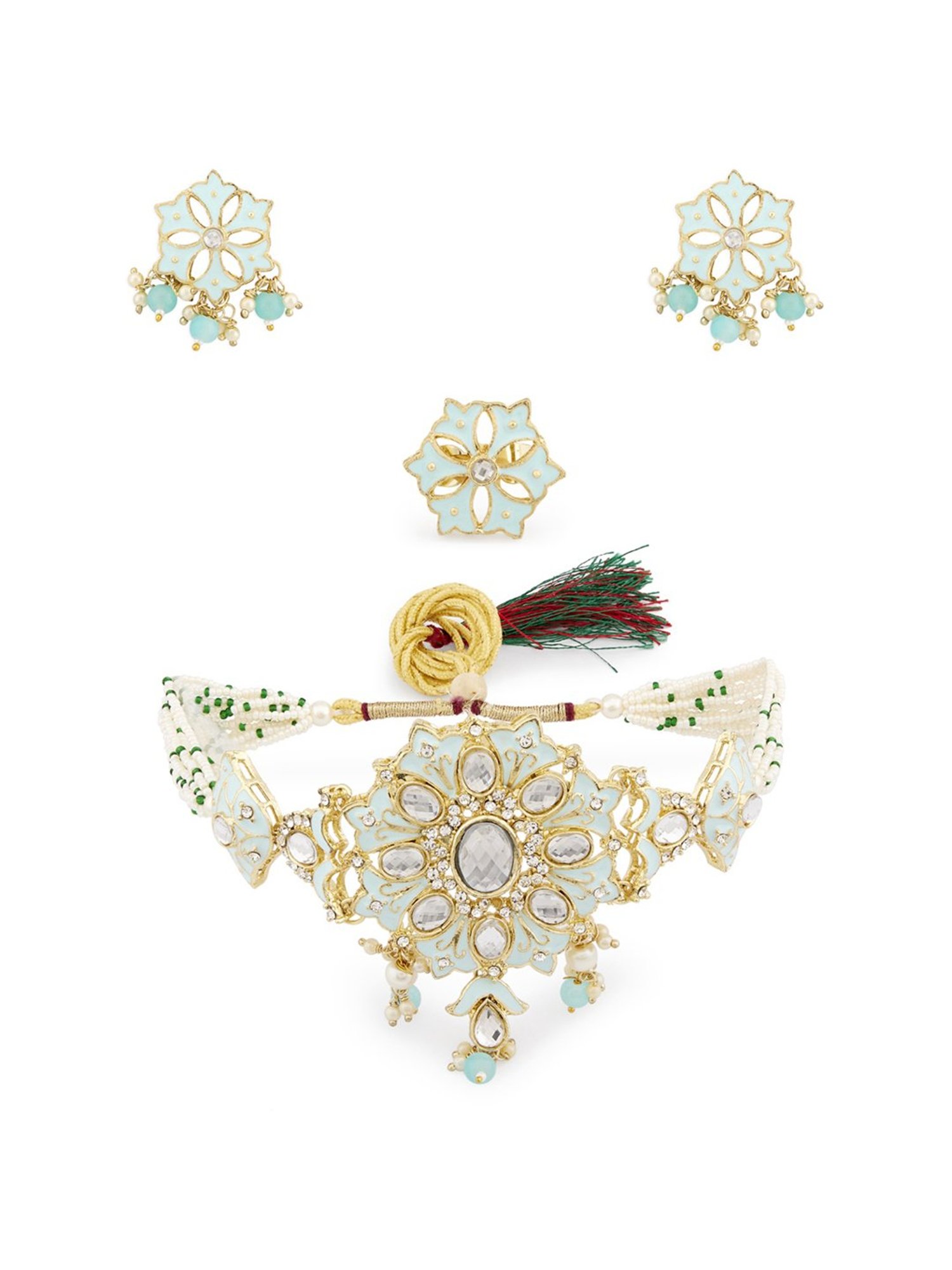 Zaveri Pearls Turquoise Meenakari Multistrand Kundan Necklace, Earring & Ring Set