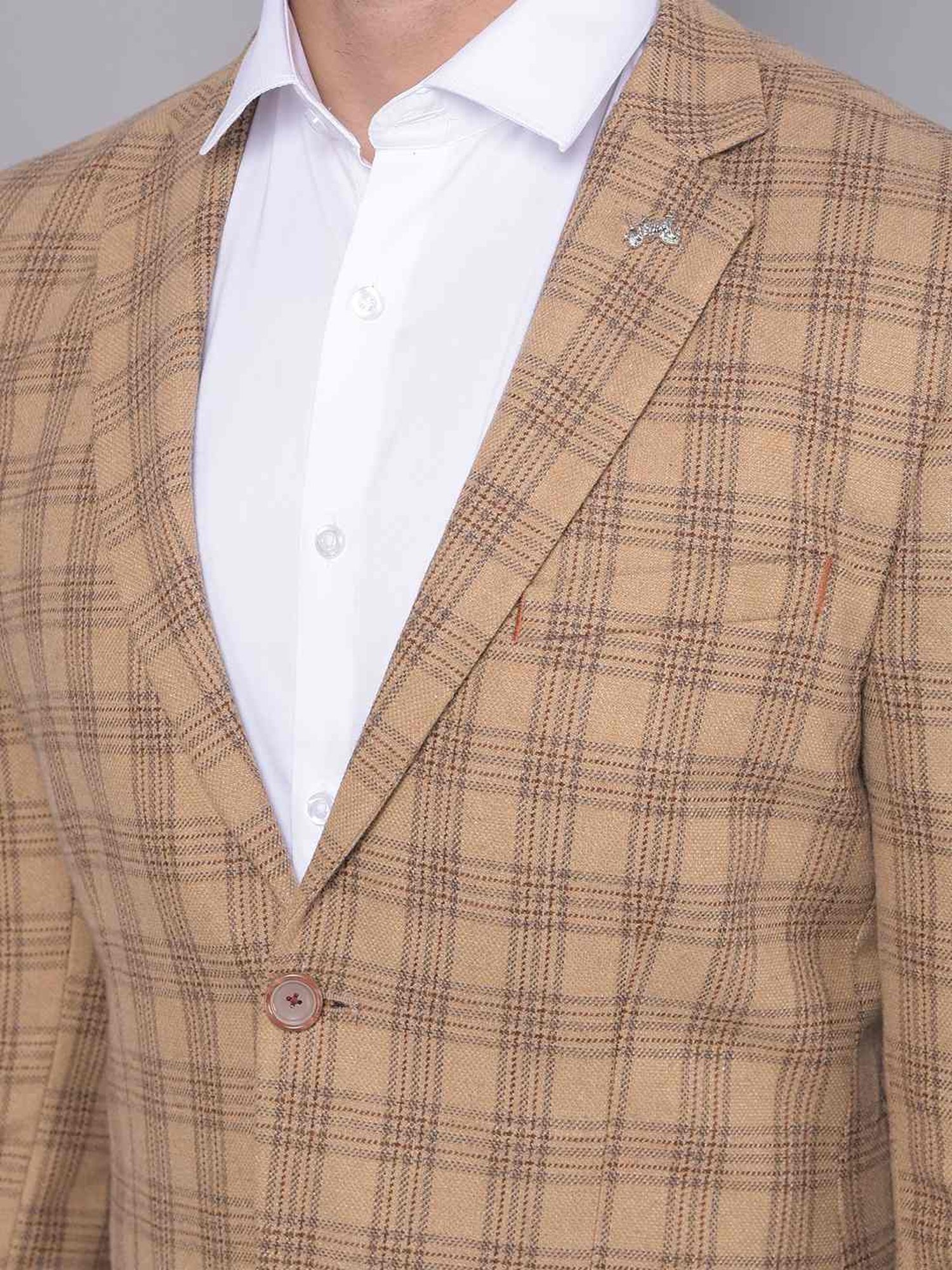 Crimsoune Club Beige Slim Fit Checks Blazer
