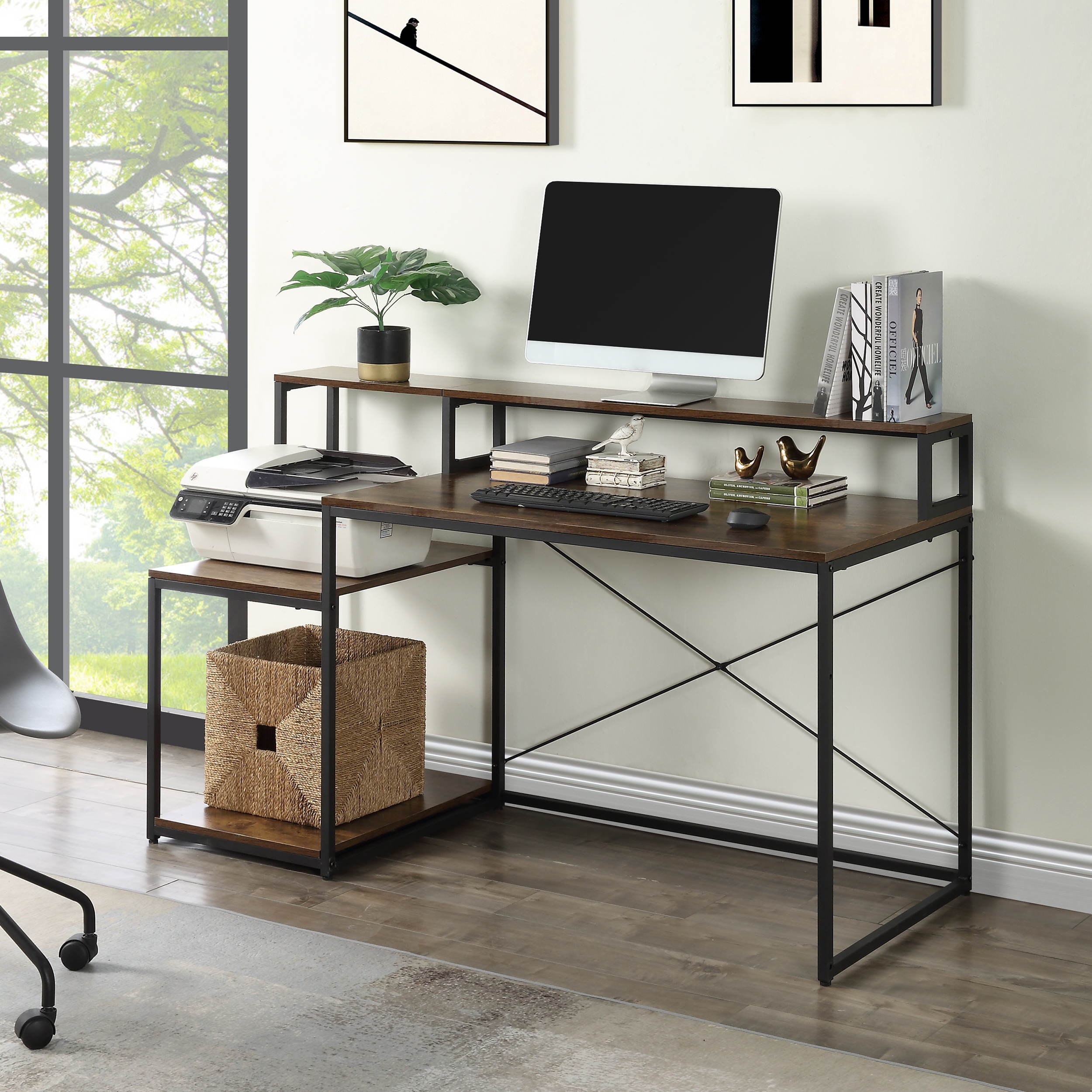 Home Office 59 inch Computer Desk with Storage Shelves and Monitor Stand Riser Shelf/Study Writing Desk Computer Table, Gaming Desk