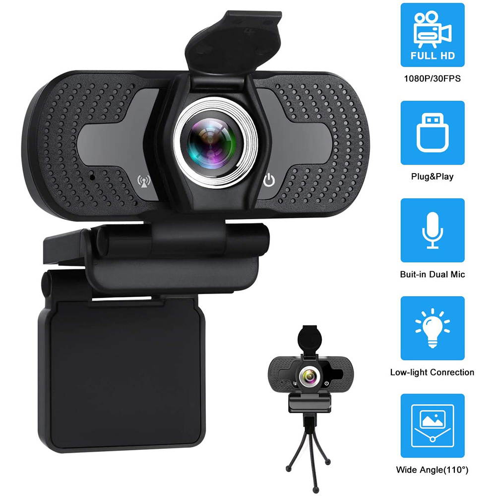 Full HD Webcam, USB 1080P Webcam with Microphone, Pro Streaming Camera for Video Calling, Mini Plug and Play, Webcam Cover, Conferencing,Flexible Rotatable Clip