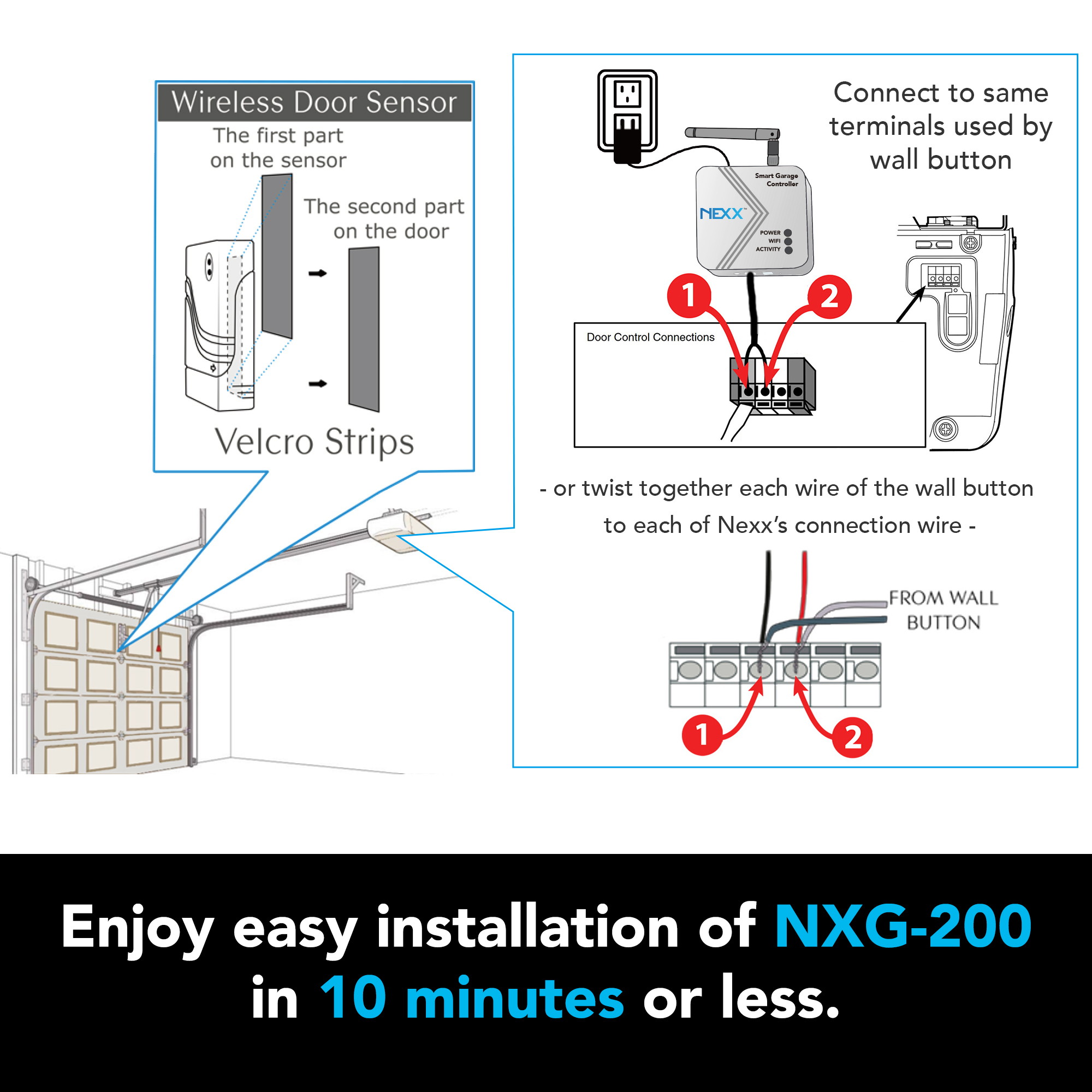 Nexx Smart Wi-Fi Controller NXG-200 - Remotely Control Existing Garage Door Opener with Nexx App, Works with Amazon Alexa, Google Assistant, Siri, SmartThings, No Hub Required, Black