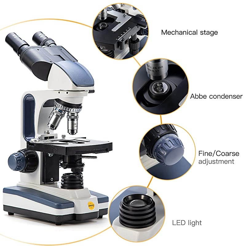 Binocular Compound Microscope SW350B, 40X-2500X Magnification,Siedentopf Head,Research-Grade,Two-Layer Mechanical Stage,1.3mp Camera and Software Windows and Mac Compatible