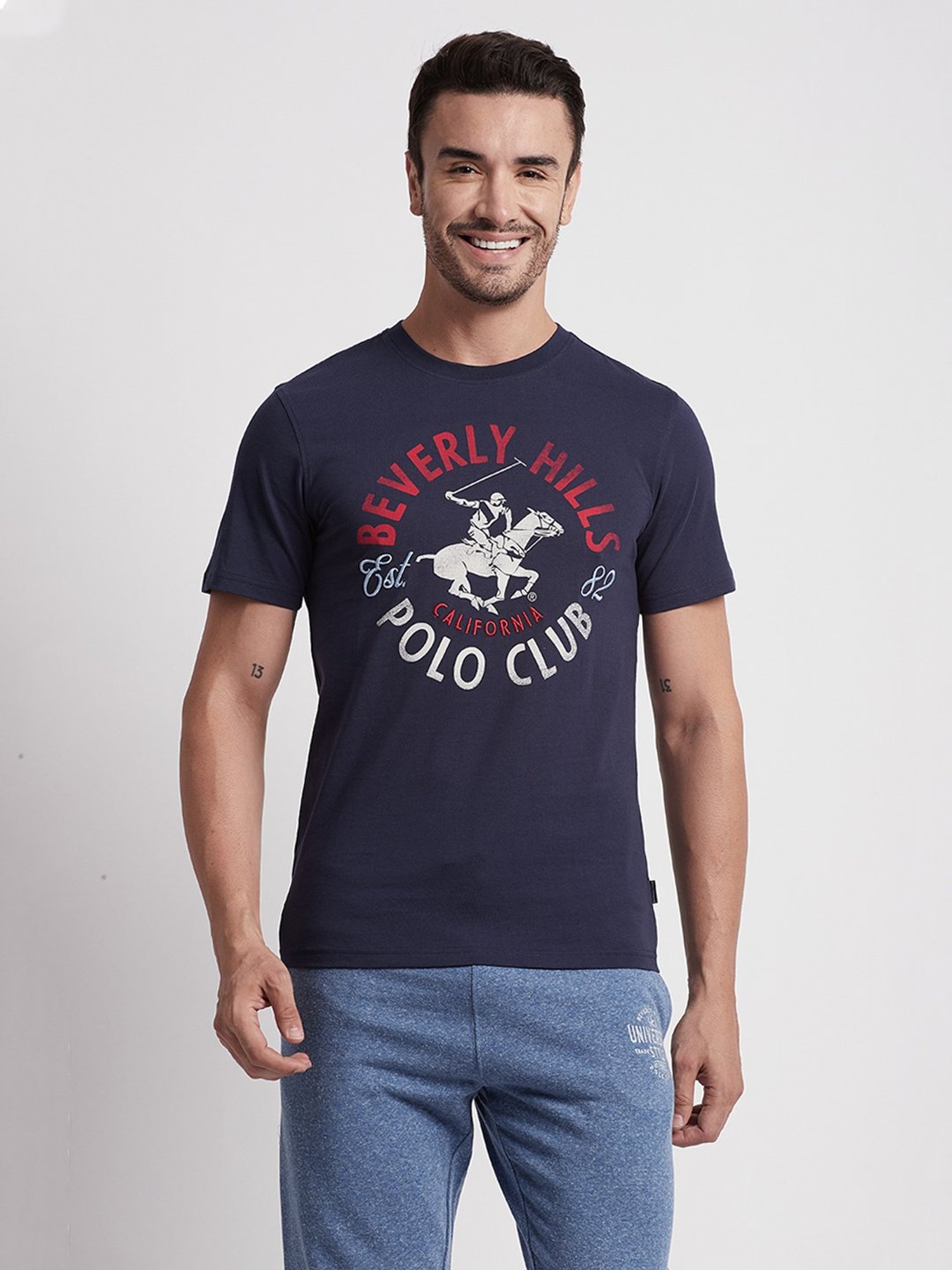 Beverly Hills Polo Club Navy Regular Fit Printed Cotton Crew T-Shirt