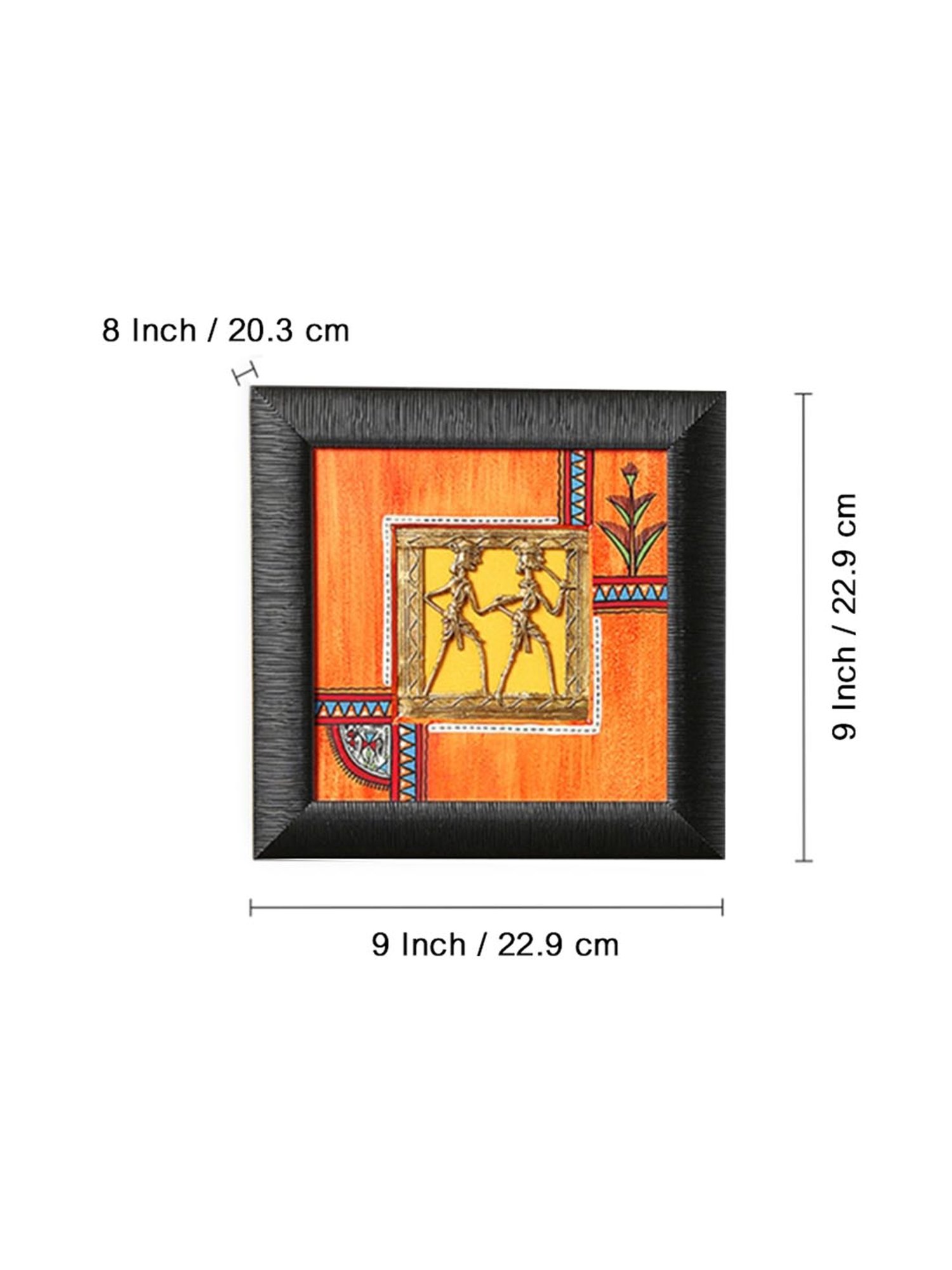 ExclusiveLane Sunset Orange & Ocean Blue Handpainted Warli & Dhokra Square Wall Painting Set