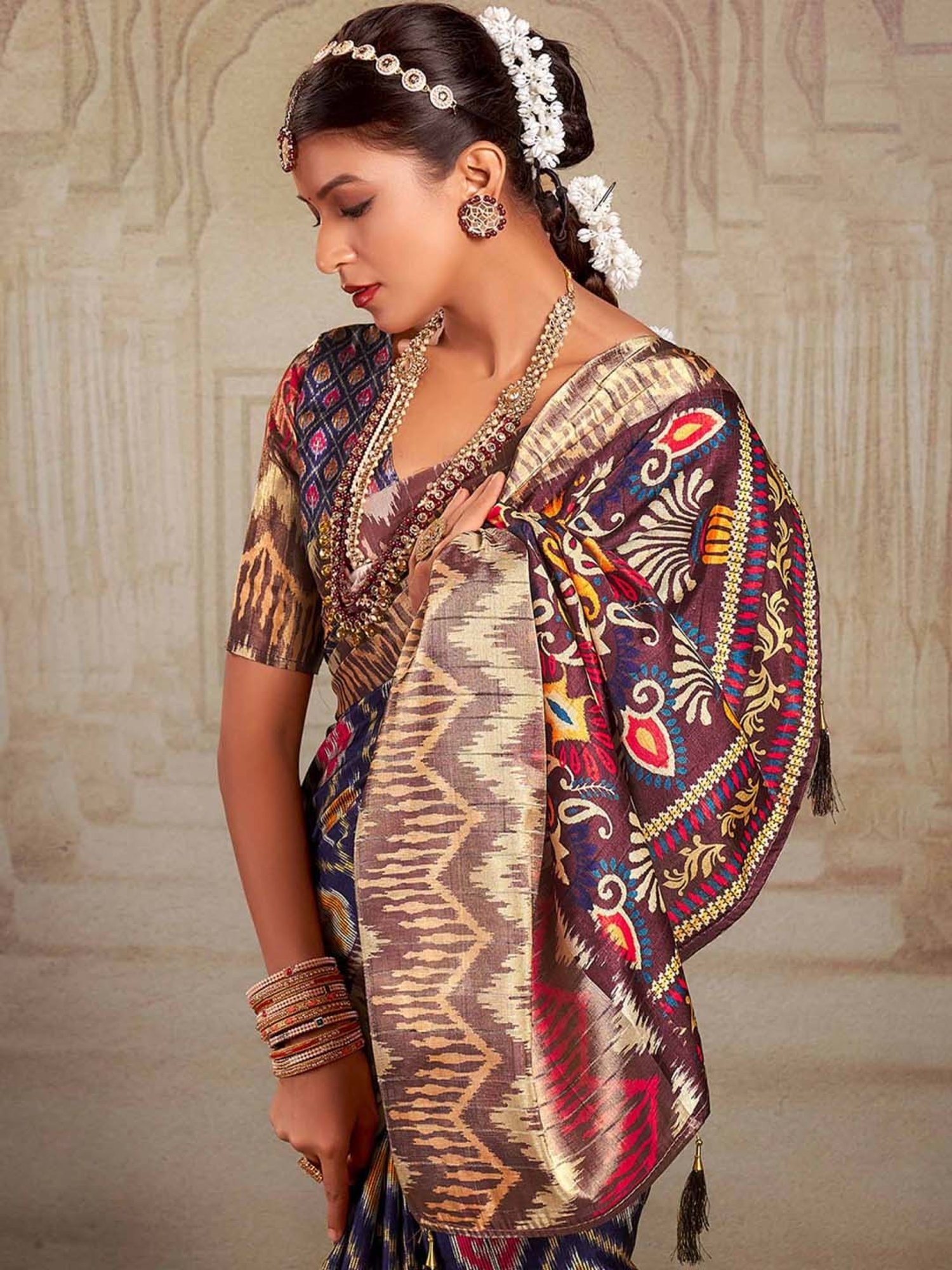 Saree Mall Navy Printed Saree With Unstitched Blouse