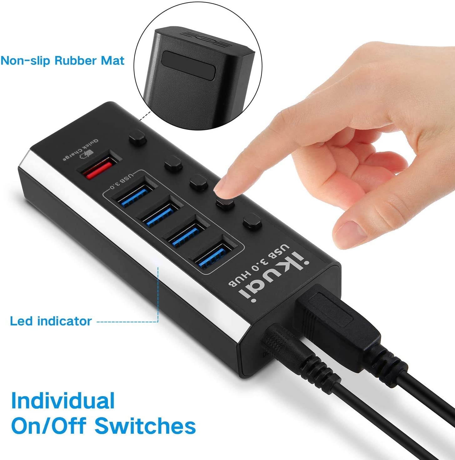 Powered USB Hub ikuai 5 Port USB Hub 3.0 Splitter with 4 Port USB Hub +1 USB Fast Charging Port USB Extender Hub with 24W (12V/2A) Power Adapter and Individual On/Off Switches