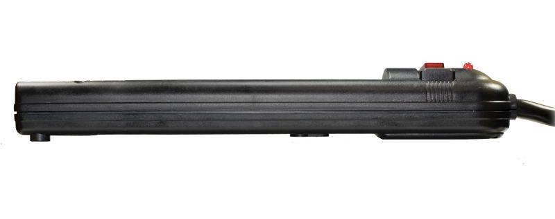 THIS 6 OUTLET PLASTIC POWER STRIP HAS 750 JOULES, EMI/RFI FILTER AND A 25FT POWE