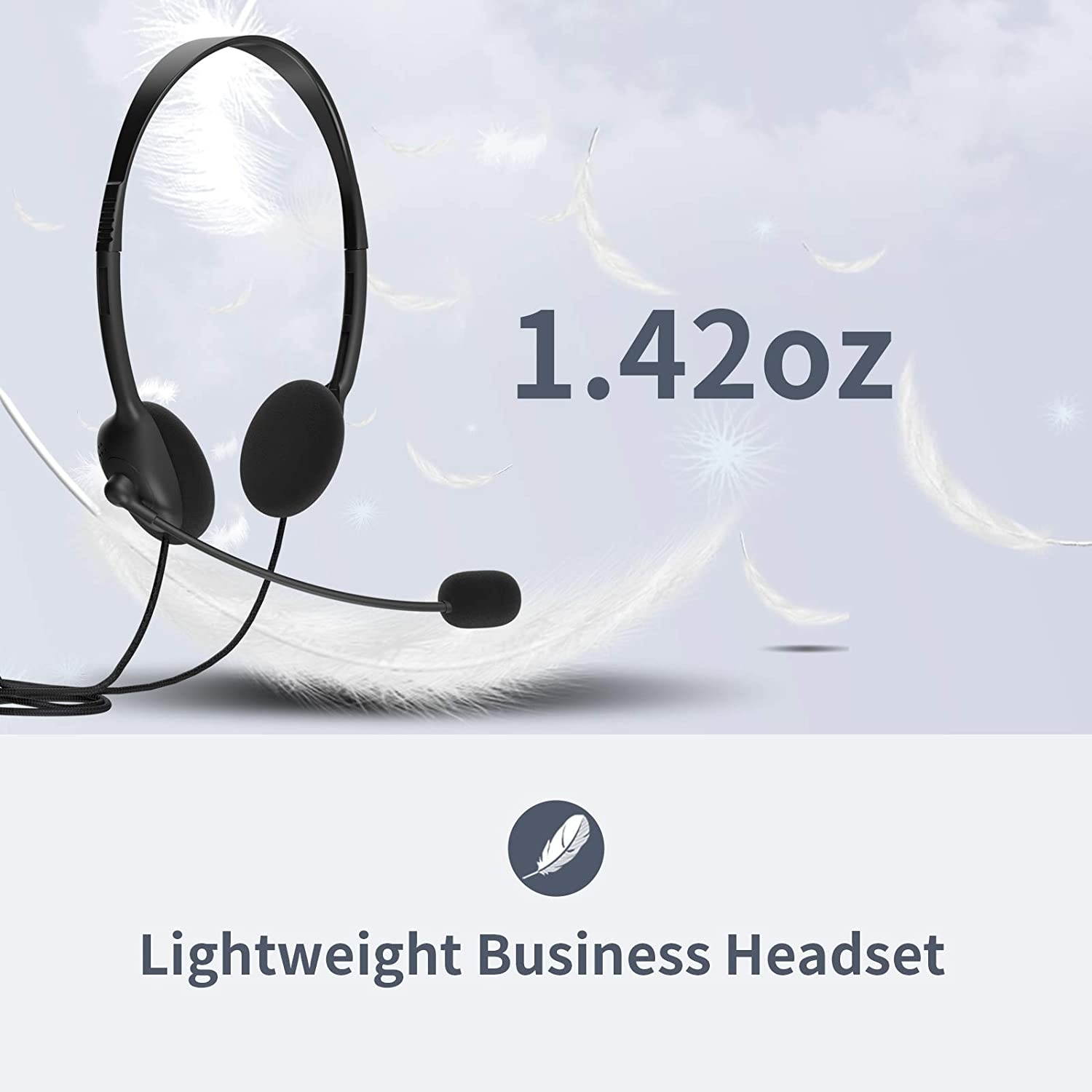 EBODA USB Headset with Microphone Lightweight Comfort PC Headset Wired Headphones Computer headsets for Skype Webinar Cell Phone Call Center