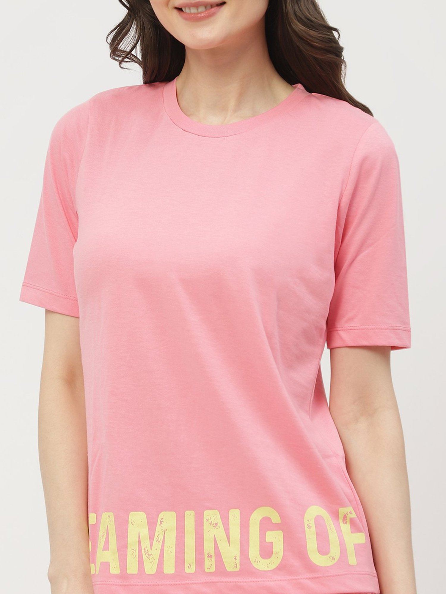 MADAME M Secret Pink Cotton Graphic Print T-Shirt With Shorts