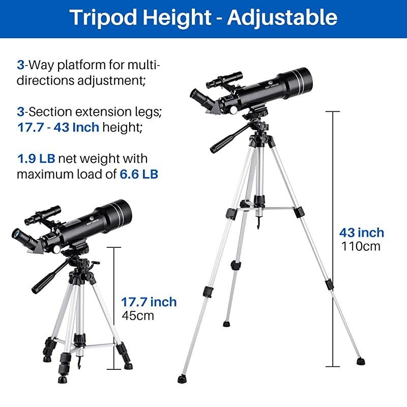 70mm Portable Refractor Telescope & HD Binoculars, Fully Coated Glass Optics, Ideal Telescope for Kids Beginners, with Adjustable Tripod Smartphone Adapter Moon Filter and Carry Bag