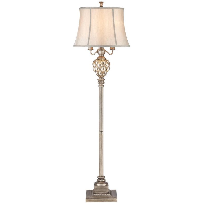 Barnes and Ivy Traditional Floor Lamp with Nightlight LED Olde Silver Mercury Glass Faux Silk Bell Shade for Living Room Reading
