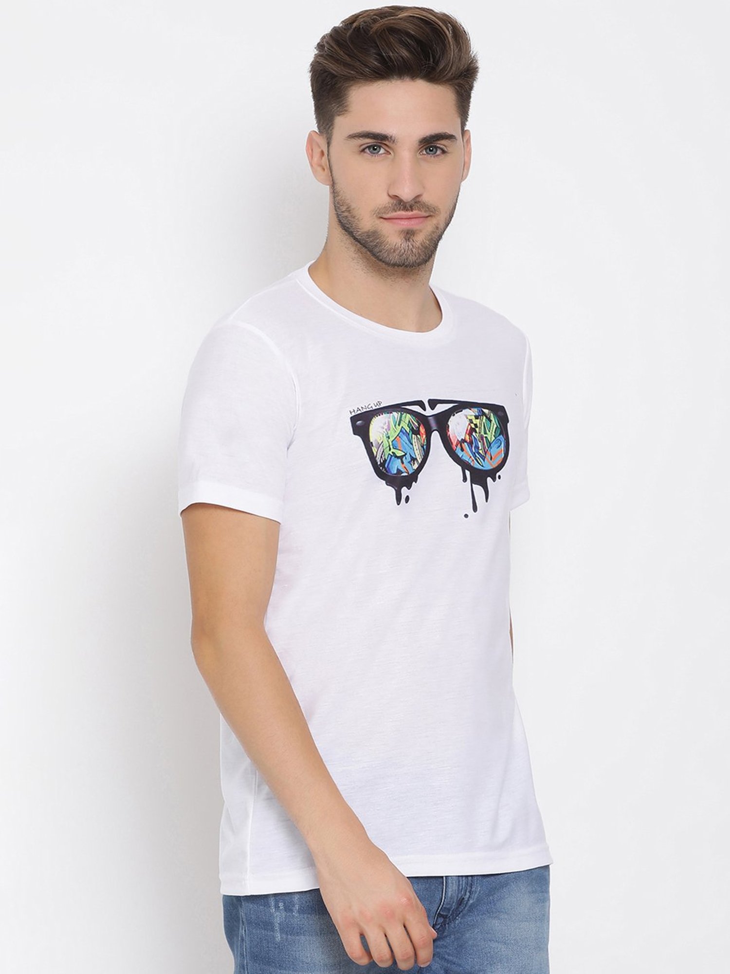 Hangup Plus White Regular Fit Printed Crew T-Shirt