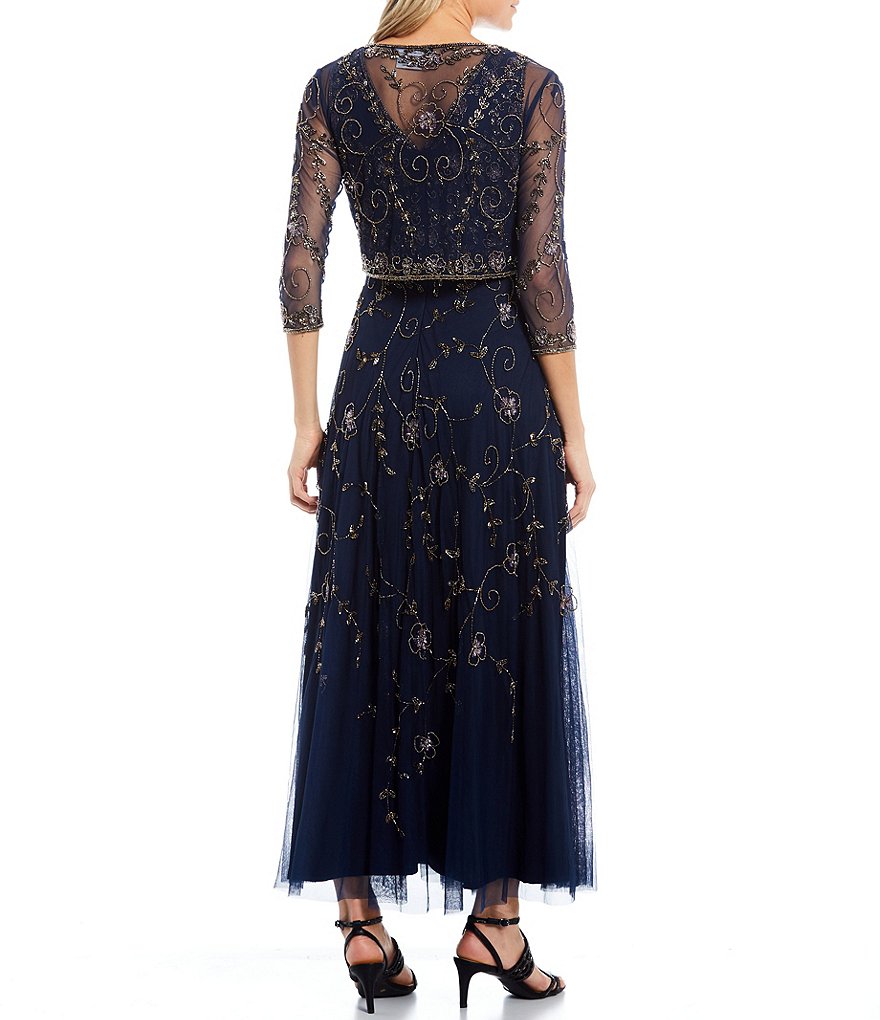 Jkara Chiffon Popover Beaded V-Neck 3/4 Capelet Sleeve Gown