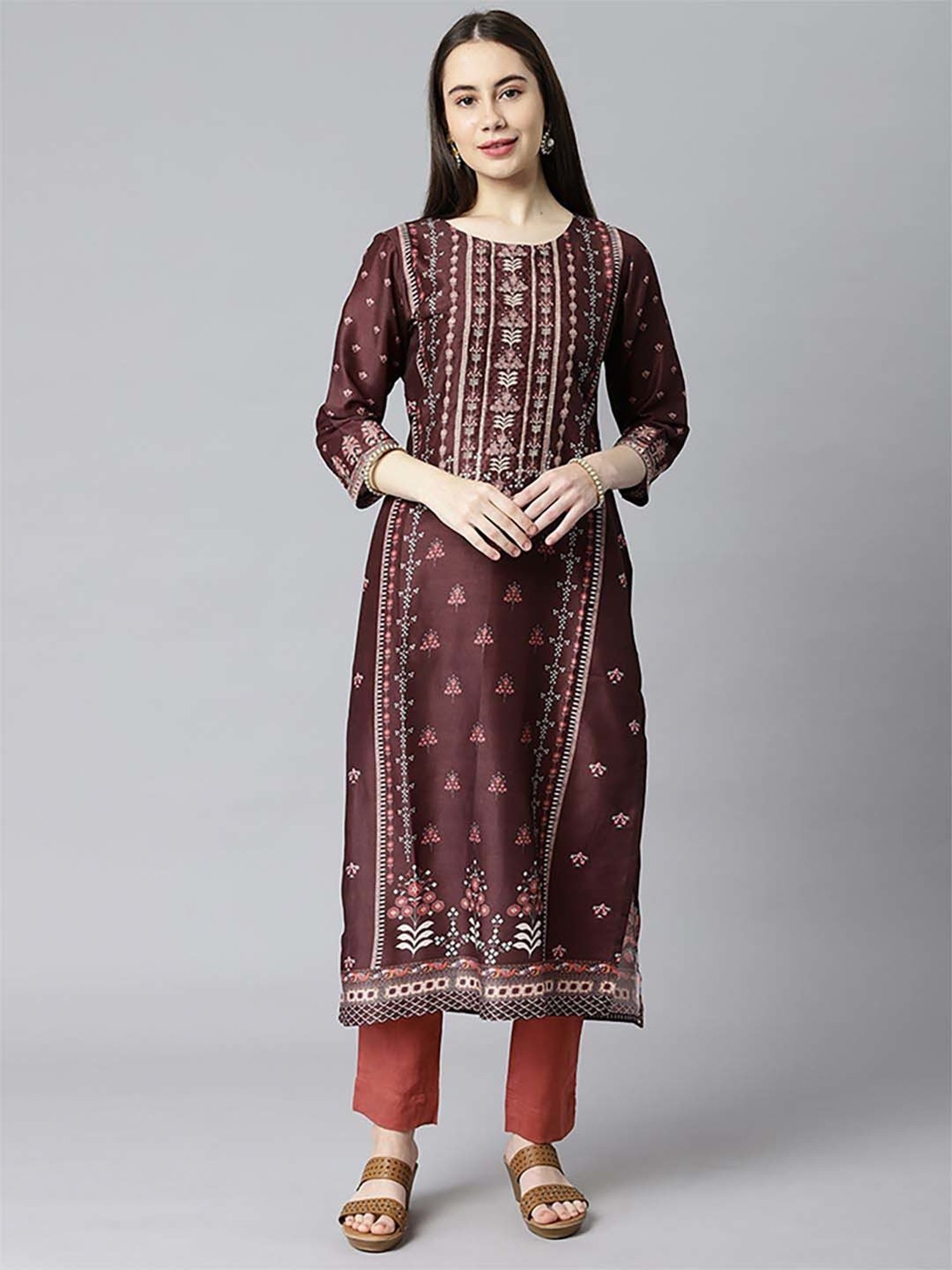 Kami Kubi Brown Printed Straight Kurta