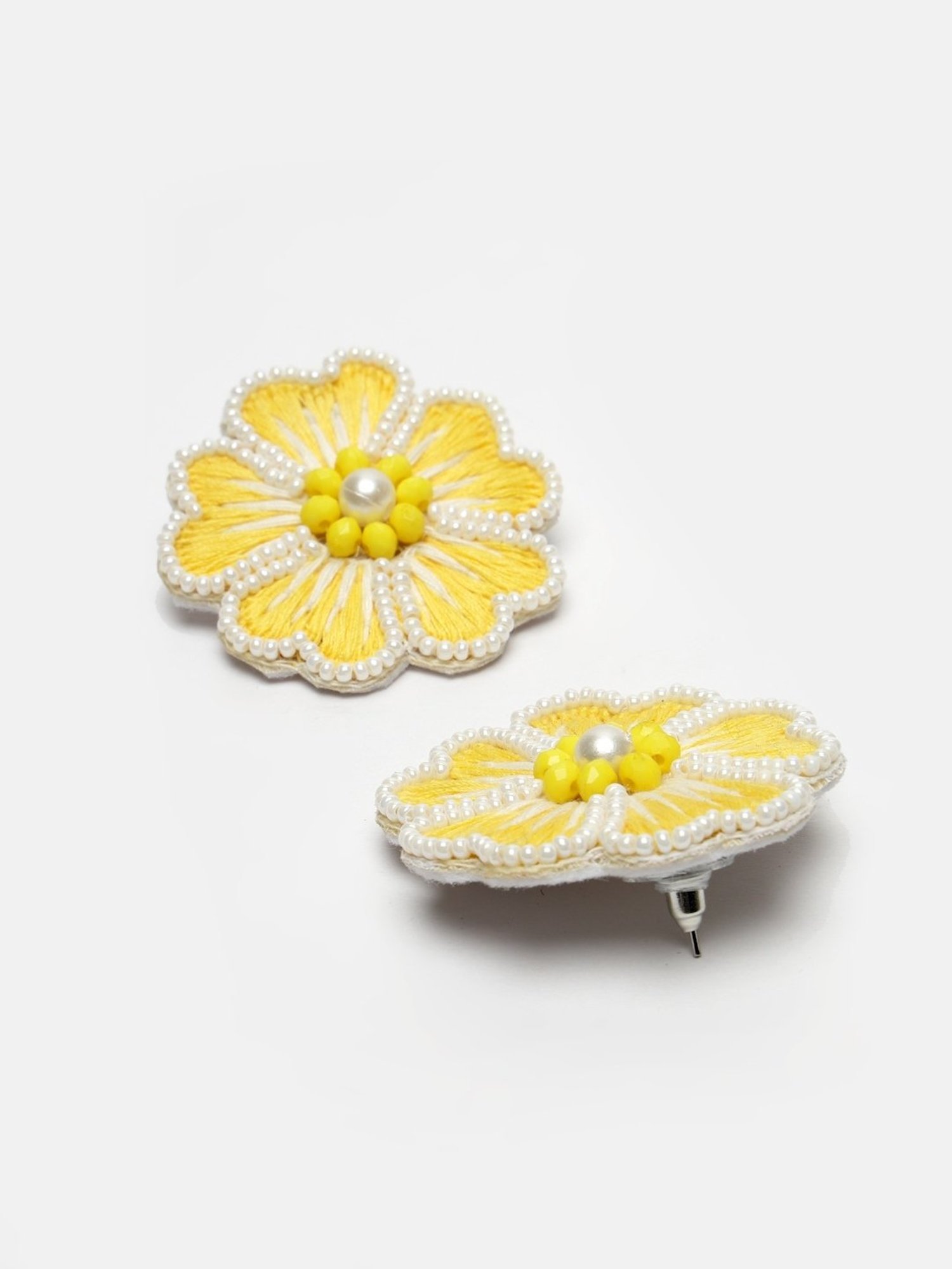 Moedbuille White Pearls Handcrafted Embroidered Yellow Floral Design Contemporary Necklace Set