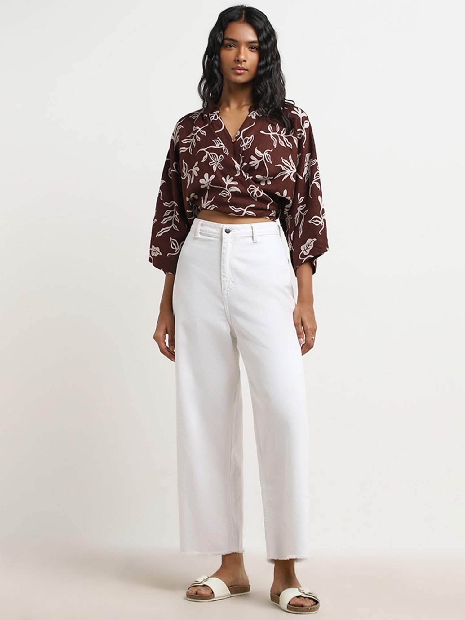 LOV by Westside Brown Floral Print Blended Linen Blouse