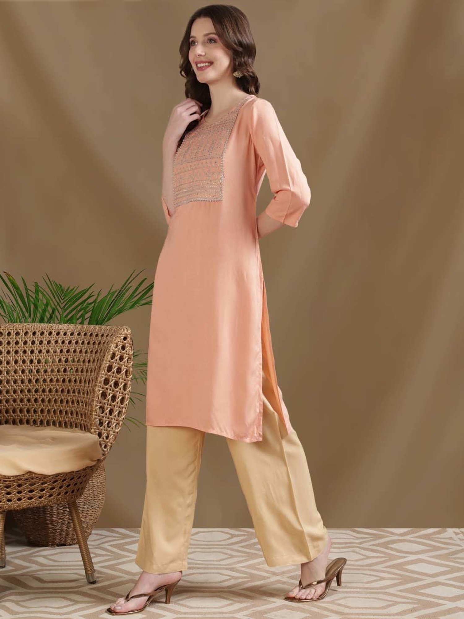 Rangita Peach & Off-White Embroidered Kurta Pant Set