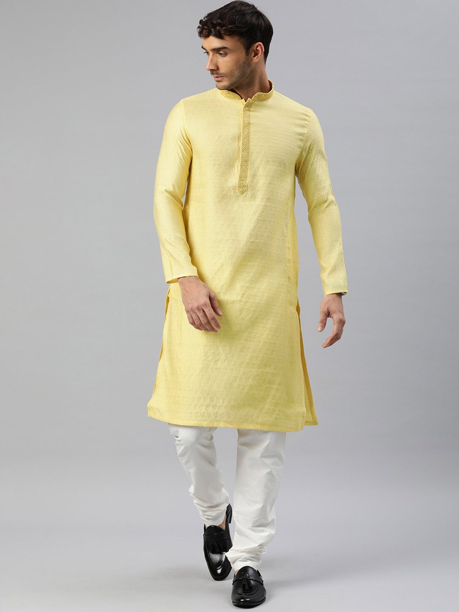 Manthan Yellow & White Regular Fit Self Design Kurta & Churidar Set