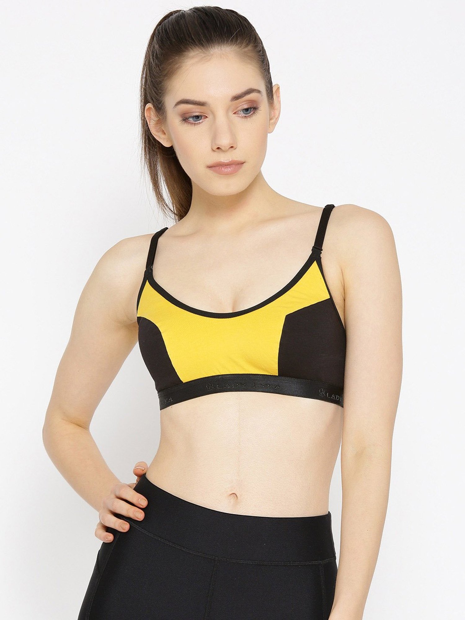 Lady Lyka Yellow & Black Non Wired Non Padded Sports Bra