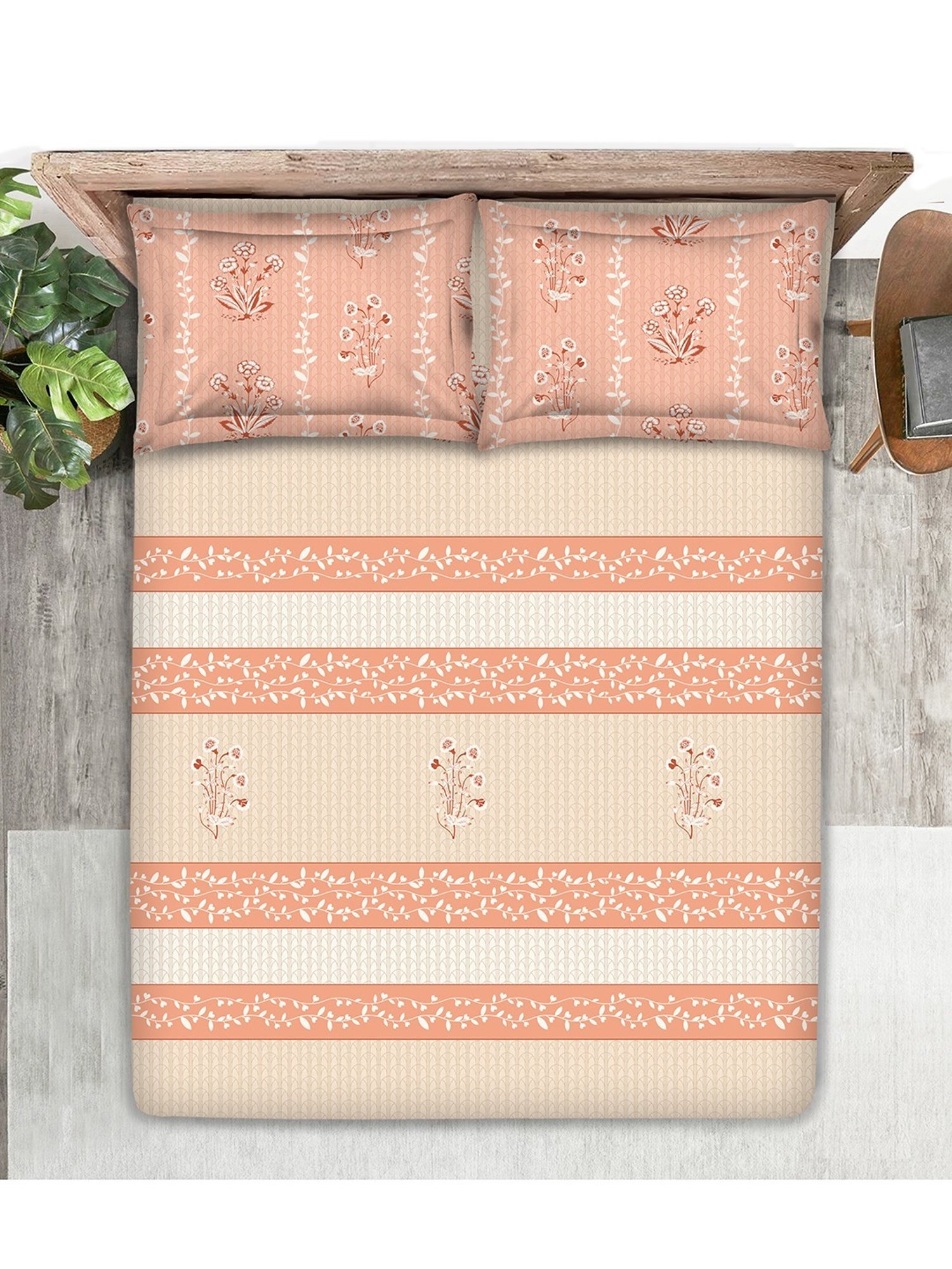 Boutique Living Magnifique  Floral Orange 200 TC Cotton King Bed Sheet with 2 Pillow Covers