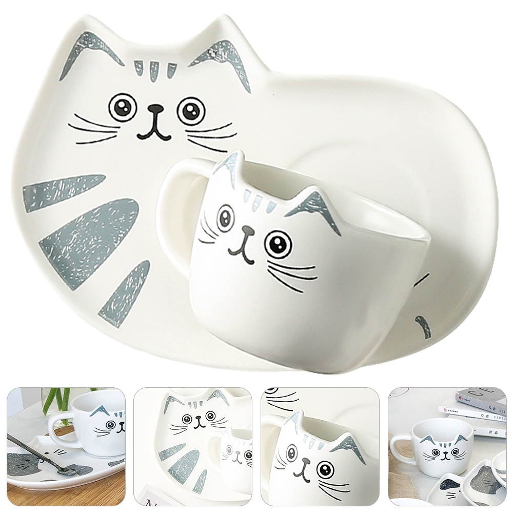 1 Set Ceramic Mug Cup Adorable Cat Design Water Cup Saucer for Home Office